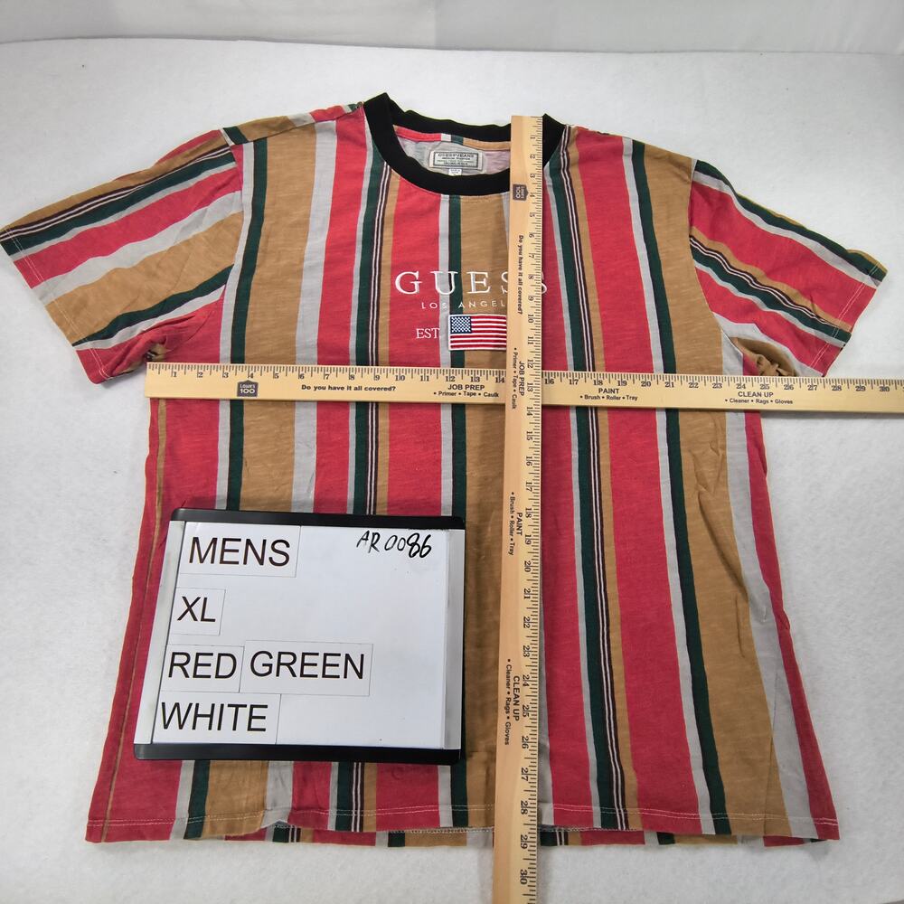 Guess Casual Striped Short Sleeve Crew Neck T Shirt Mens Size XL Red Green White - Picture 4 of 8